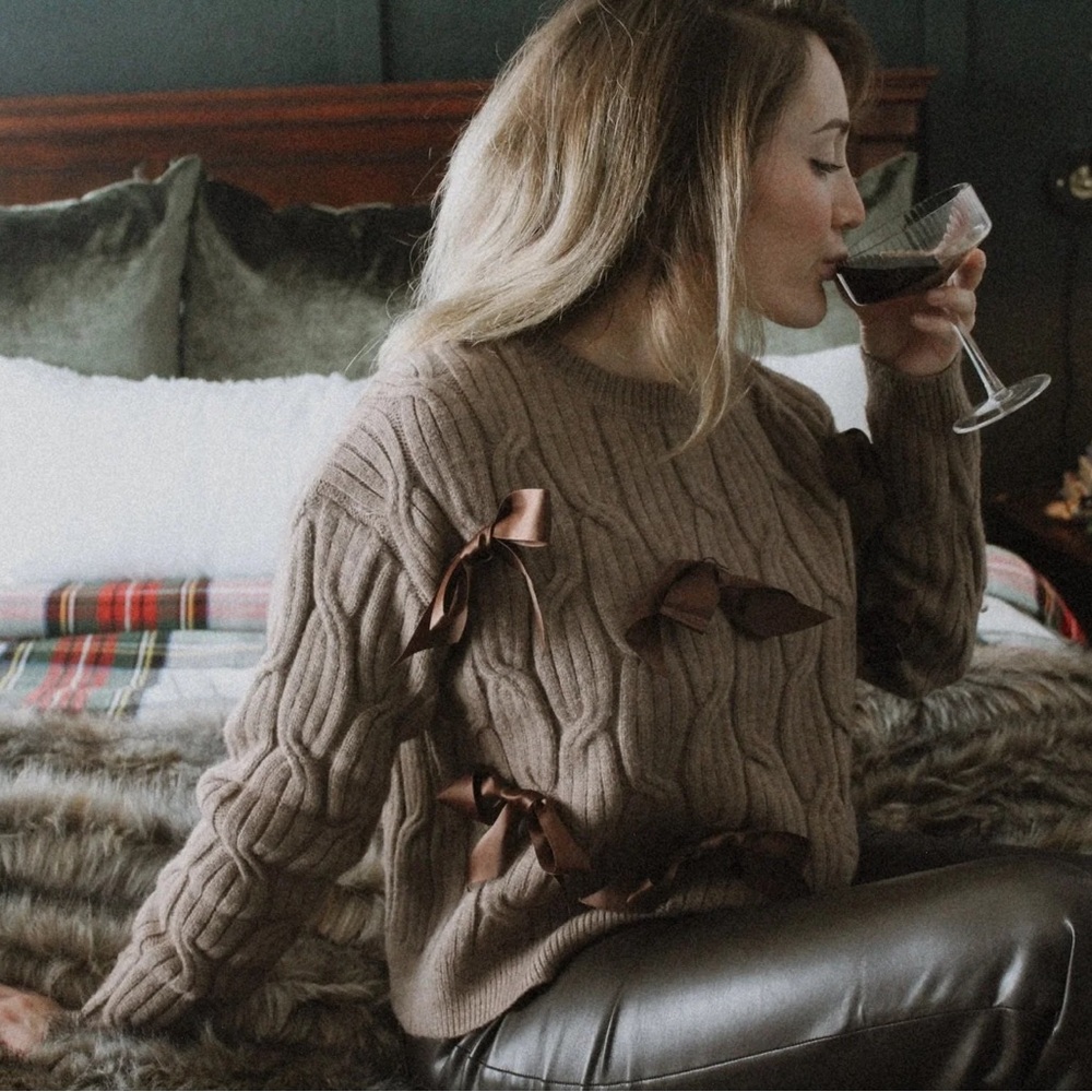 Brown Cable Knit Sweater with Bow Accents